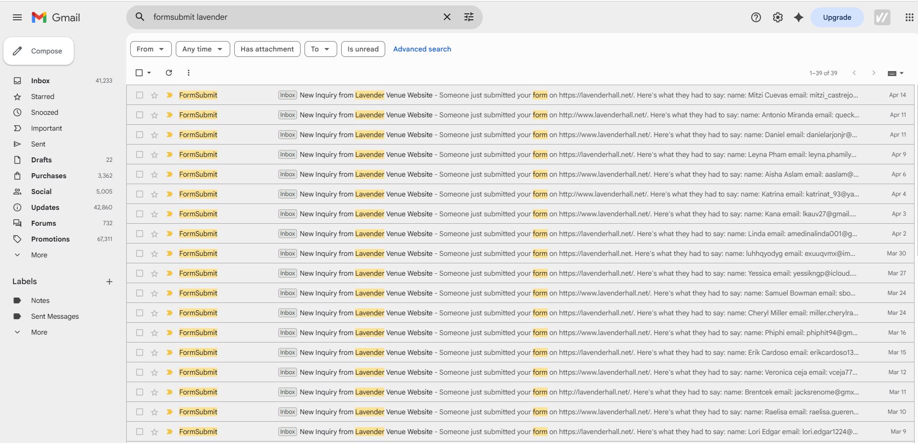 Lavender Hall — email lead captured via FormSubmit contact form