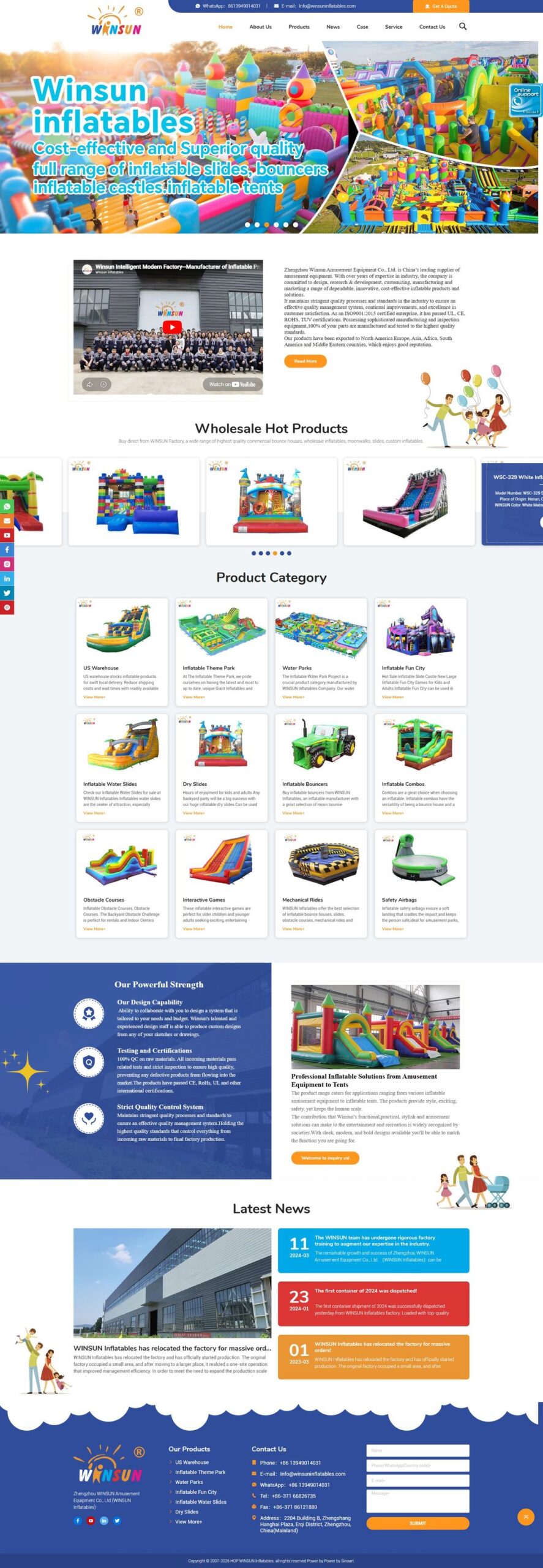 winsuninflatables.com homepage as of April 2026 — China export-template design, mid-2010s aesthetic, gradient text, cartoon family illustrations, multiple competing CTAs