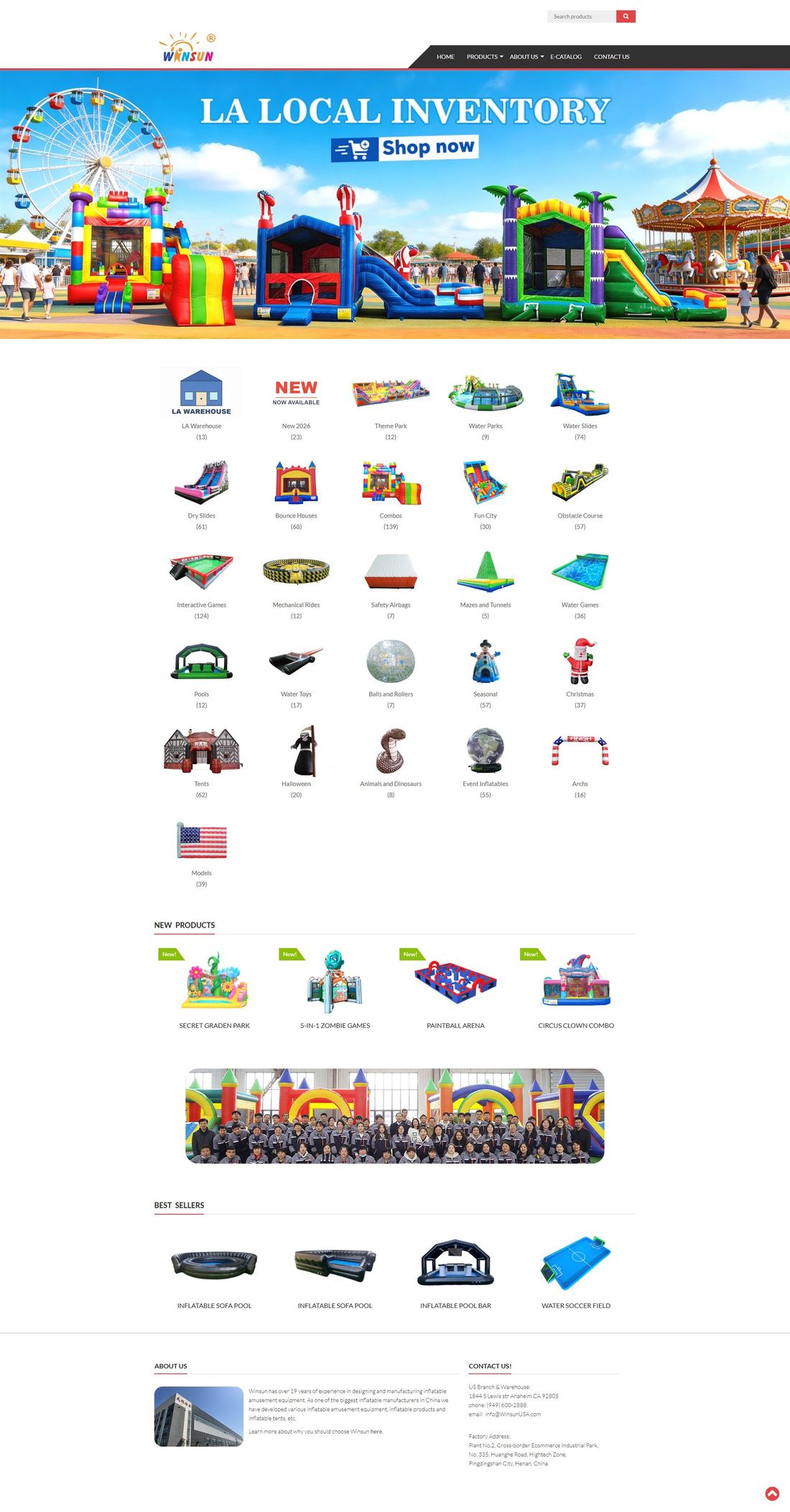 winsunusa.com homepage as of April 2026 — WordPress + WooCommerce + AccessPress Store theme, B2C product grid layout, footer copyright 2019